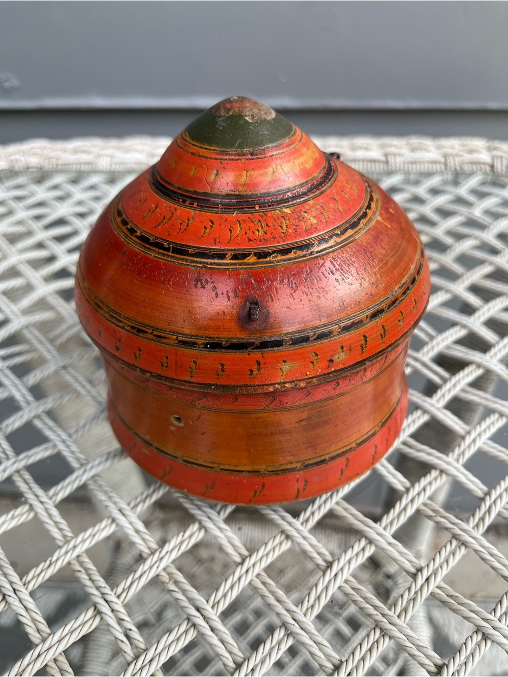 Vintage Wooden Kum Kum Powder Tika Box Original Old Hand Carved Lacquer Painted